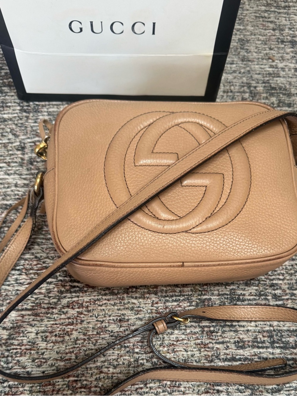 Gucci Pebbled Leather Crossbody Bag in Beige Tan with Interlocking GG